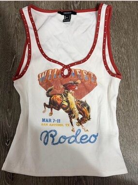 Forever 21 White Ribbed Rodeo Graphic Tank with Red Trim
